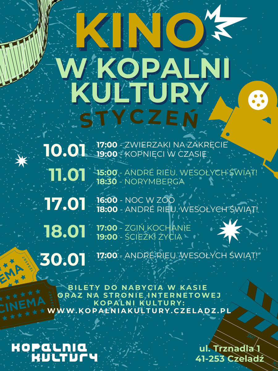 Plakat repertuaru kinowego na styczeń w odcieniach niebieskiego i żółtego.